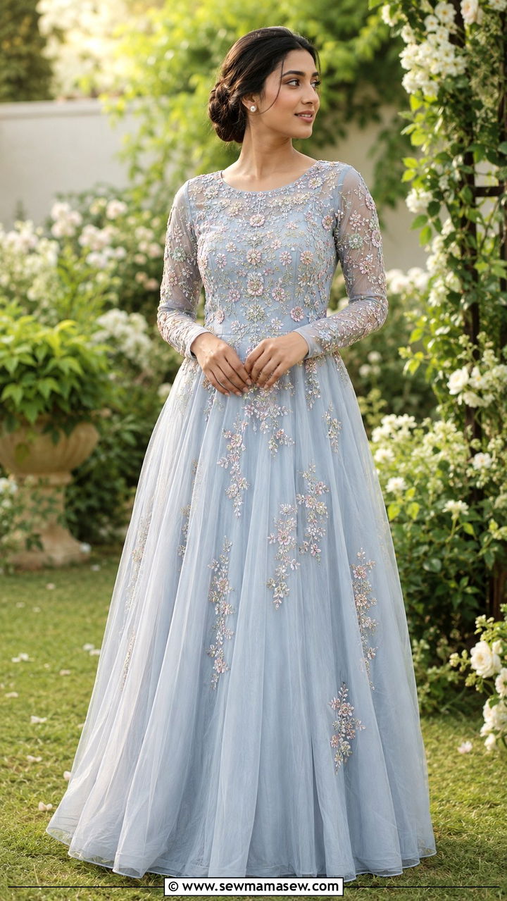 Embroidered A Line Maxi Gown for Wedding - 20 Modest outfit ideas for sister of the bride