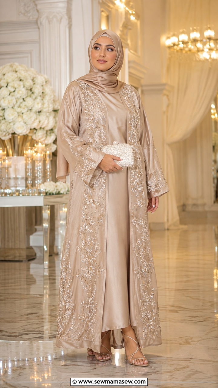 Embroidered Abaya Wedding Guest Outfit - 30 modest wedding guest outfit ideas