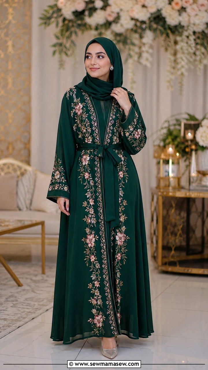 Embroidered Abaya with Belt - 20 Modest outfit ideas for Henna night