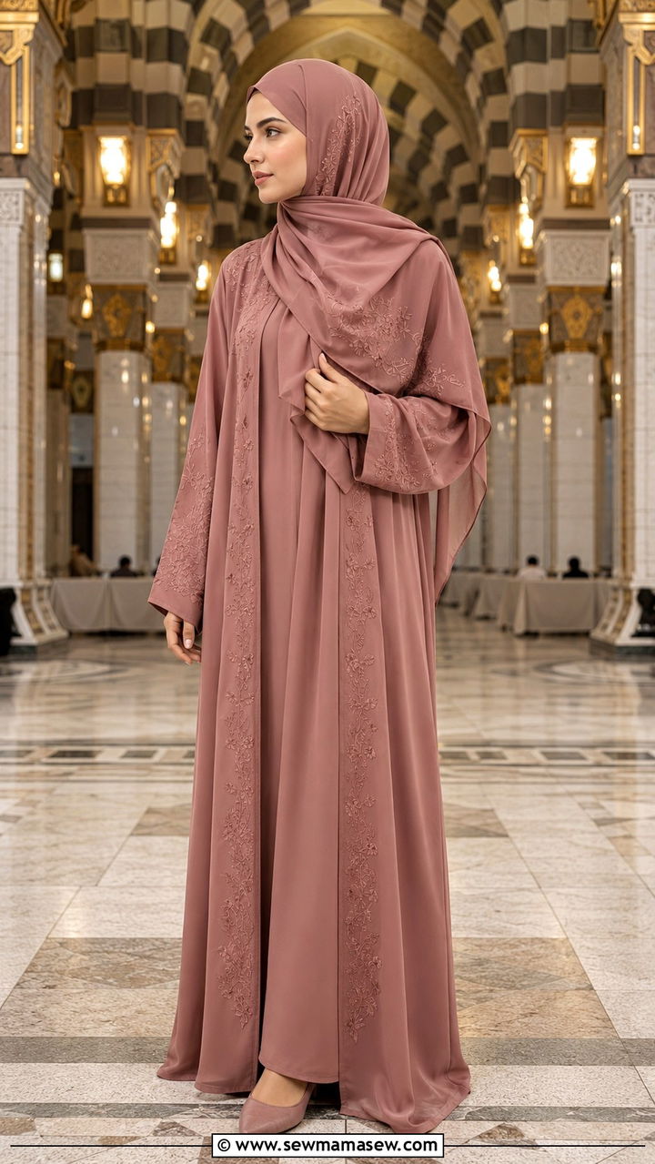 Embroidered Abaya with Matching Hijab for Umrah - 30 Modest outfit ideas for Umrah