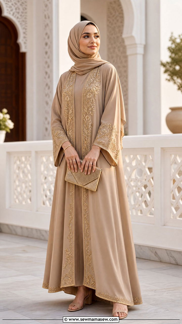 Embroidered Abaya with Nude Heels - 30 Eid al Fitr outfit ideas