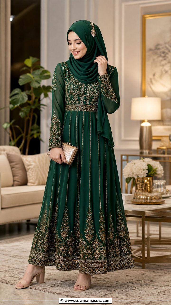 Embroidered Anarkali Suit with Side Pinned Chiffon Hijab - 30 Eid outfit ideas with hijab