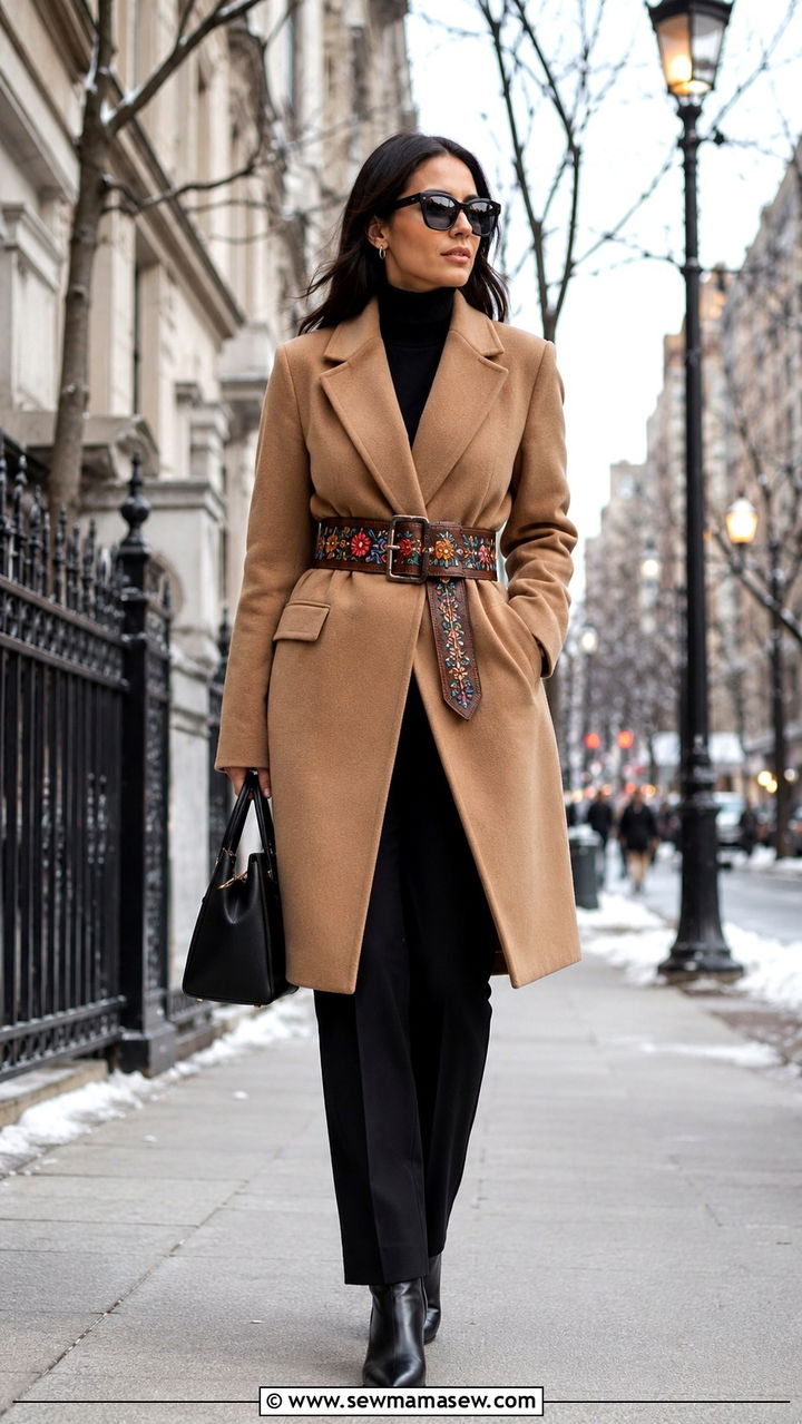 Embroidered Belt Over a Neutral Camel Coat - 30 Statement belt outfit ideas