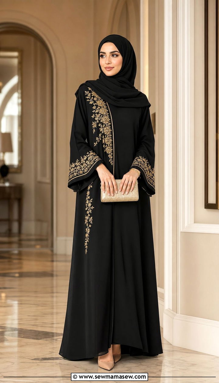 Embroidered Black Abaya With Gold Threadwork - 25 Eid outfit ideas Arabic