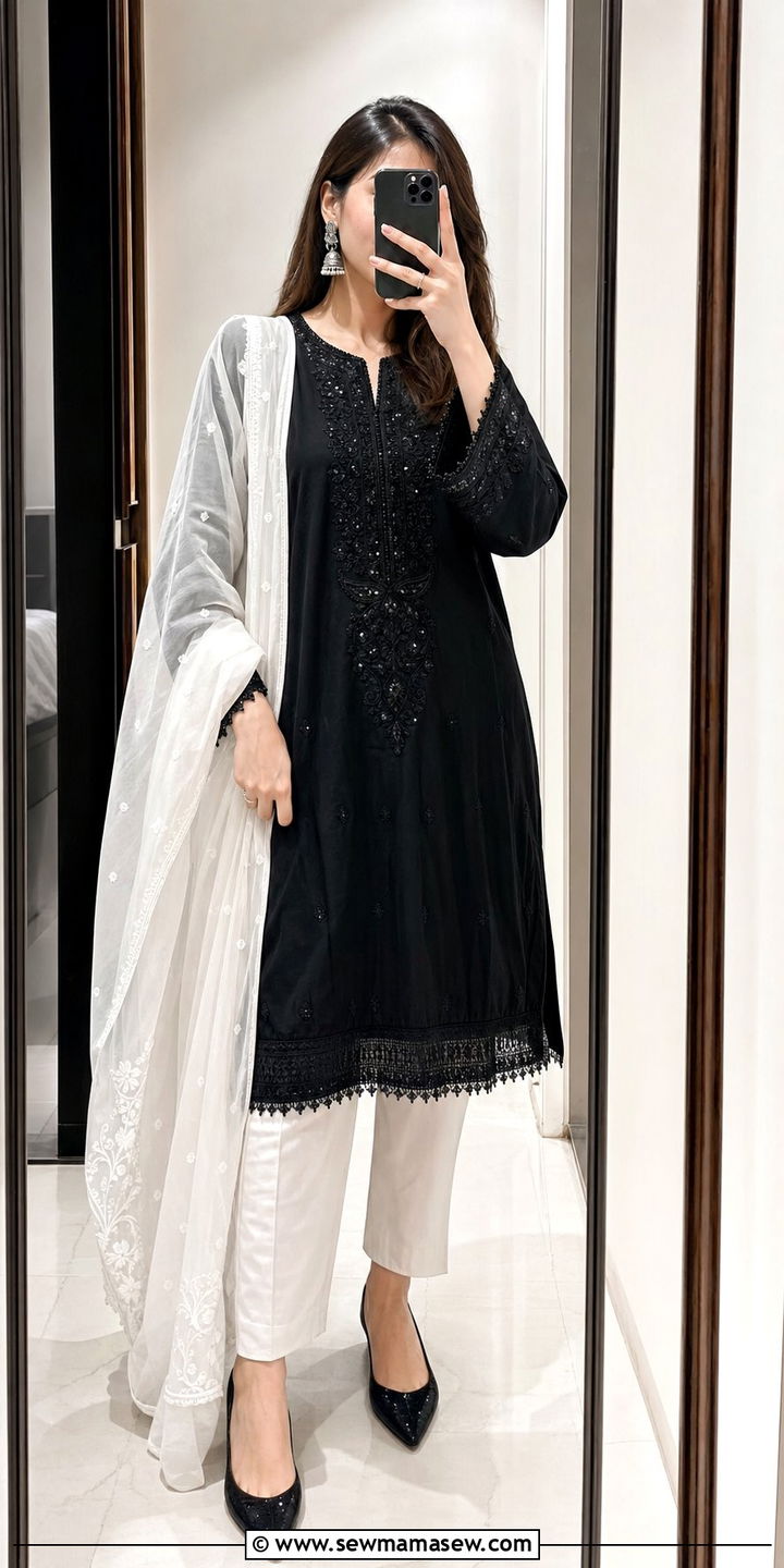 Embroidered Black Kurta With White Trousers - 25 Eid outfit ideas for women 2026