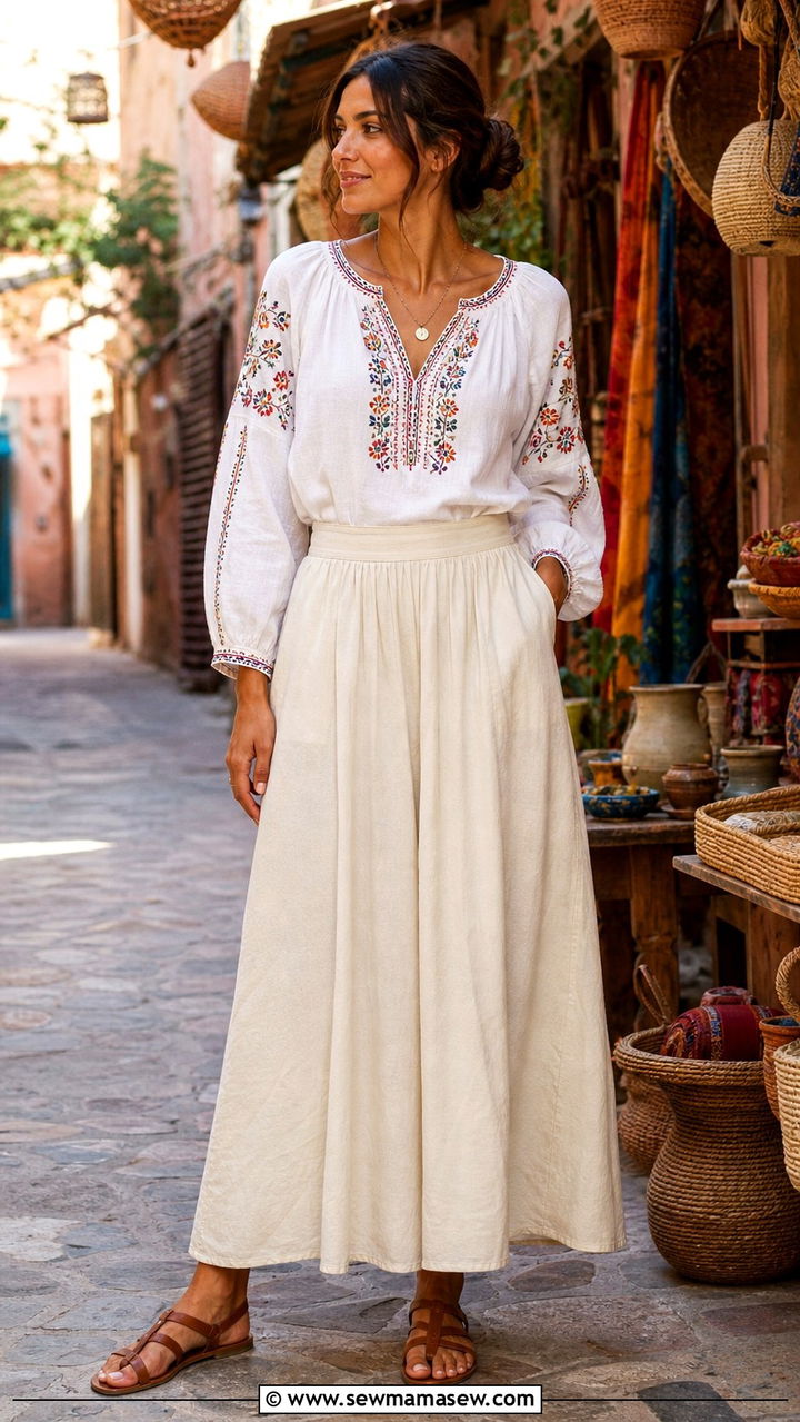 Embroidered Blouse And Maxi Skirt Outfit - 40 Sharm El Sheikh outfit ideas