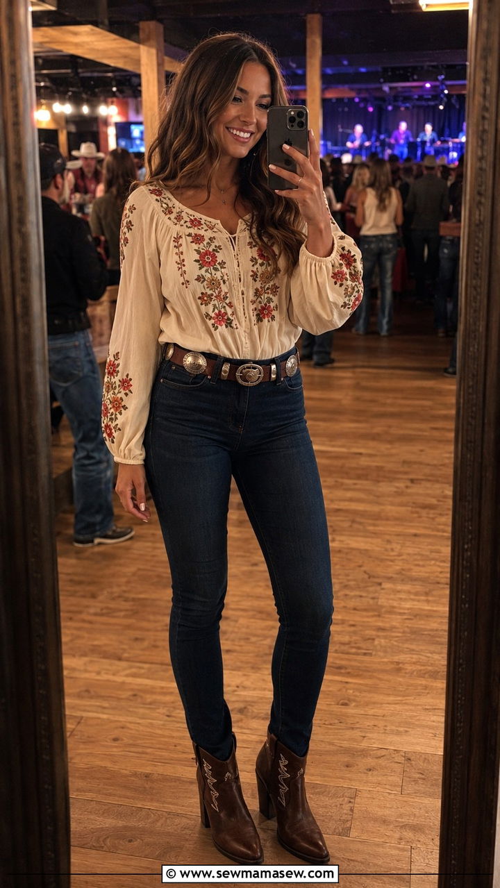 Embroidered Blouse With Dark Jeans and Heeled Booties - 30 classy country concert outfit ideas