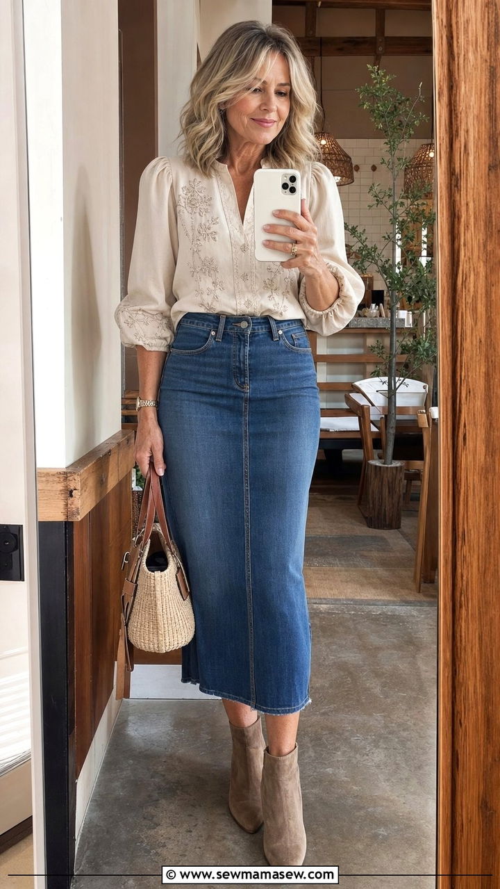 Embroidered Blouse With Denim Midi Skirt And Ankle Boots Outfit - 35 Brunch outfits for women over 50