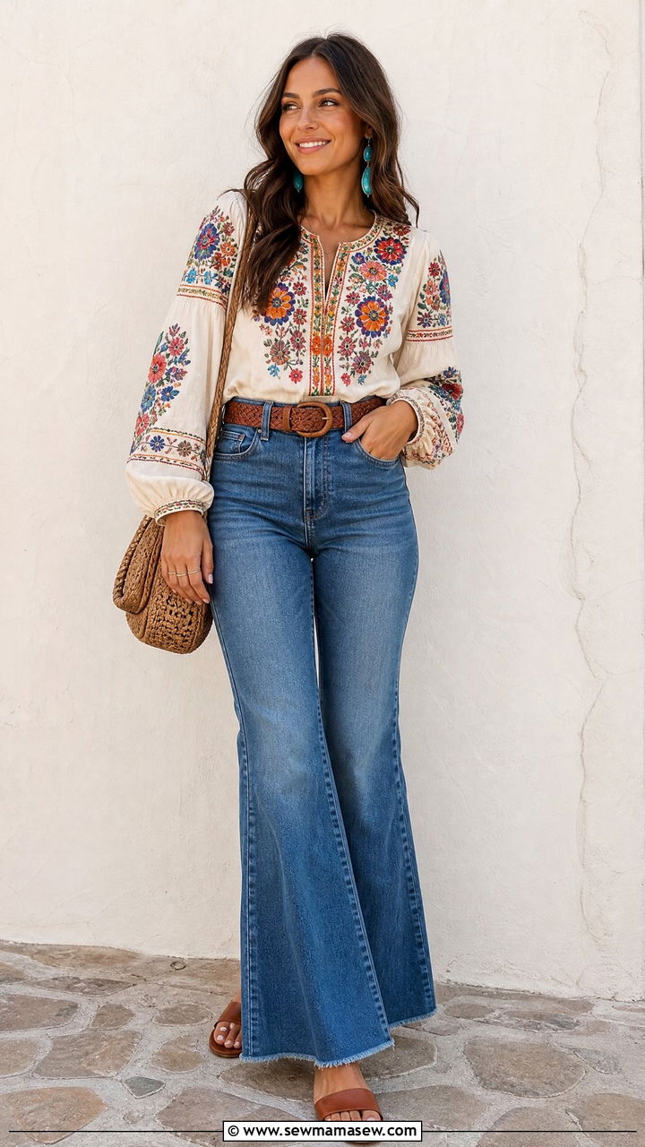 Embroidered Blouse With Flared Jeans And Leather Sandals - 25 Boho outfit ideas with sandals