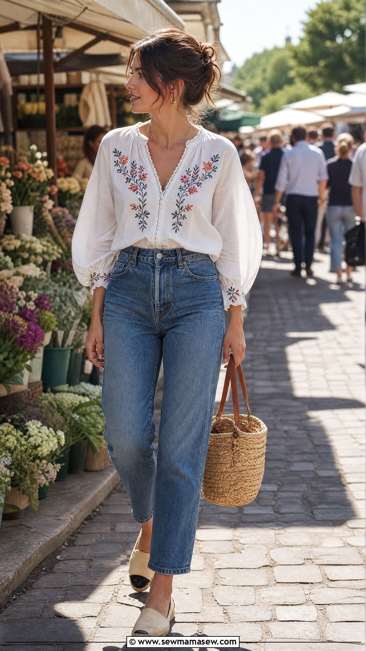 Embroidered Blouse With Straight Leg Jeans and Woven Bag - 35 French girl spring outfit ideas