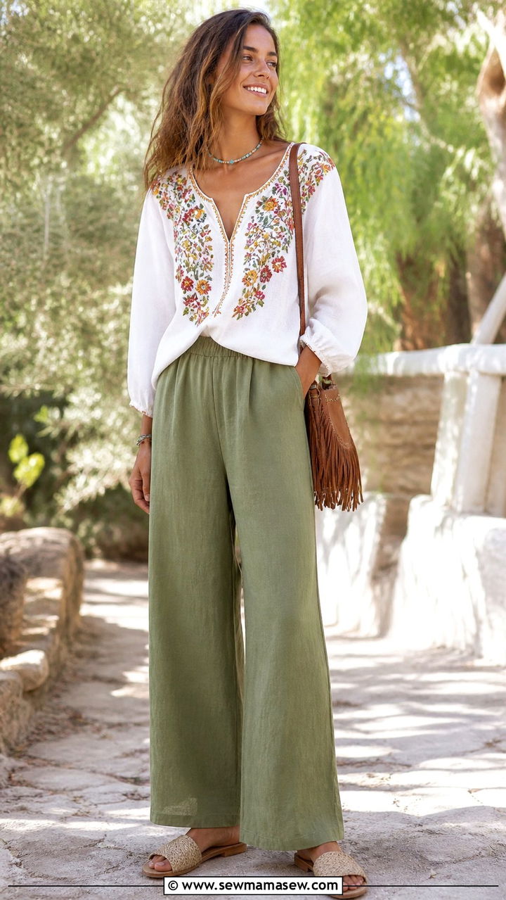 Embroidered Blouse With Wide Leg Linen Trousers - 40 boho chic outfits