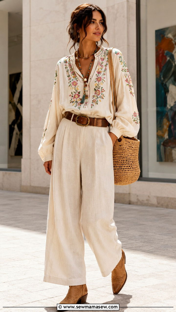 Embroidered Blouse With Wide Leg Trousers And Cowboy Boots - 25 Boho outfit ideas with cowboy boots