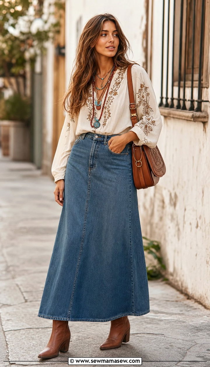 Embroidered Blouse and Denim Skirt Boho Outfit - 25 Summer boho outfits 2026
