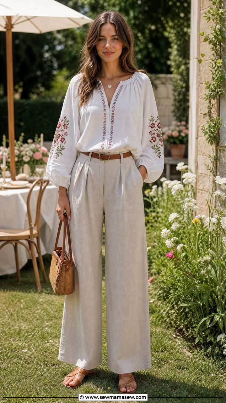 Embroidered Blouse and Linen Trousers Outfit - 30 Country summer outfits