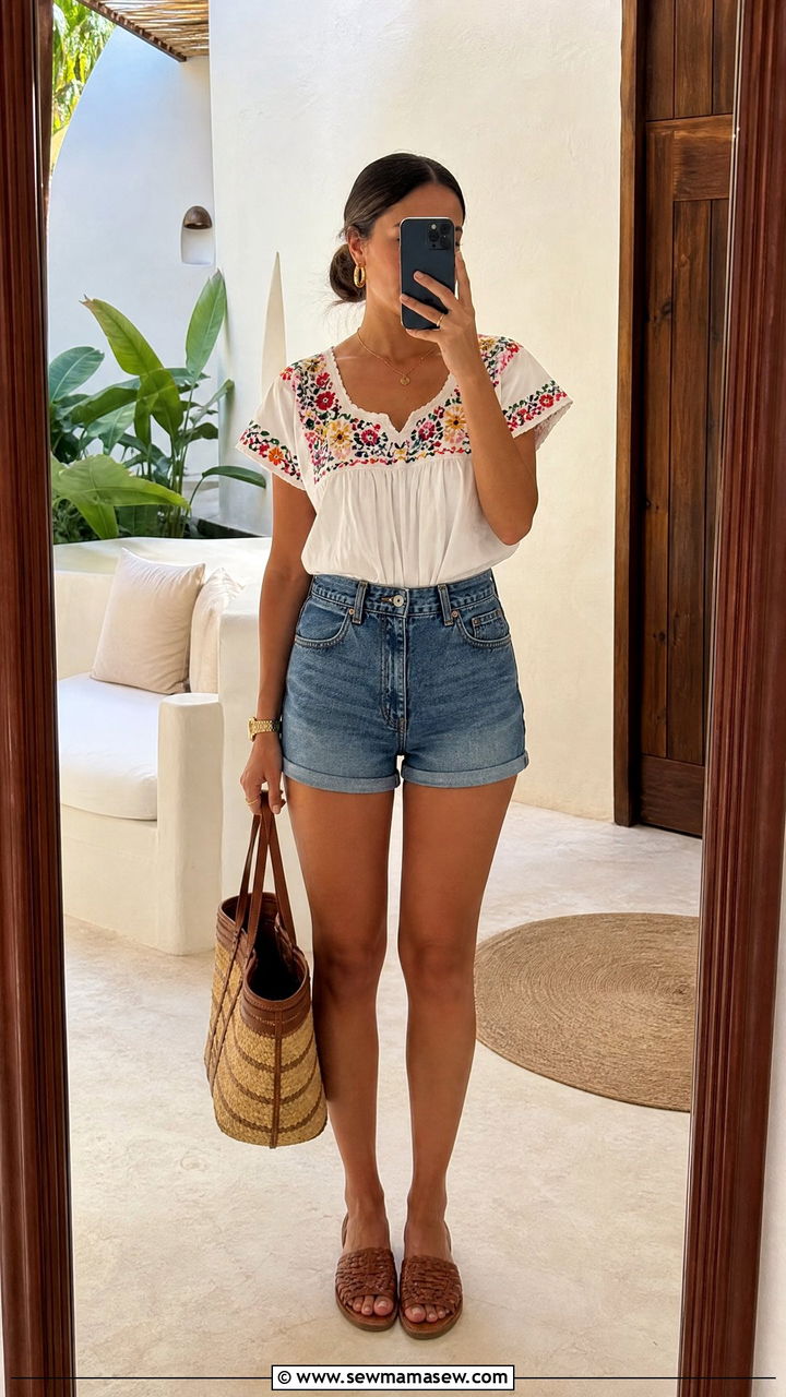 Embroidered Blouse with Denim Shorts - 30 Resort wear outfit ideas Mexico