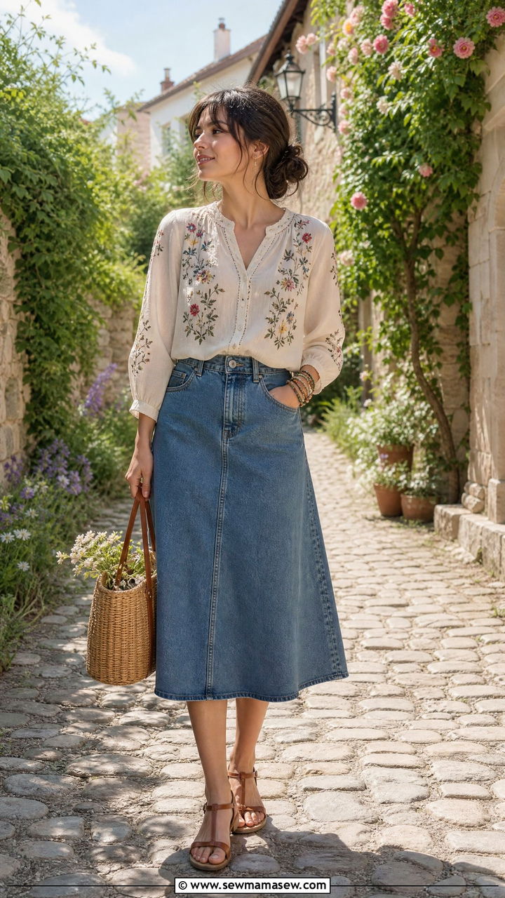 Embroidered Blouse with Denim Skirt and Sandals - 30 Cottagecore spring outfits