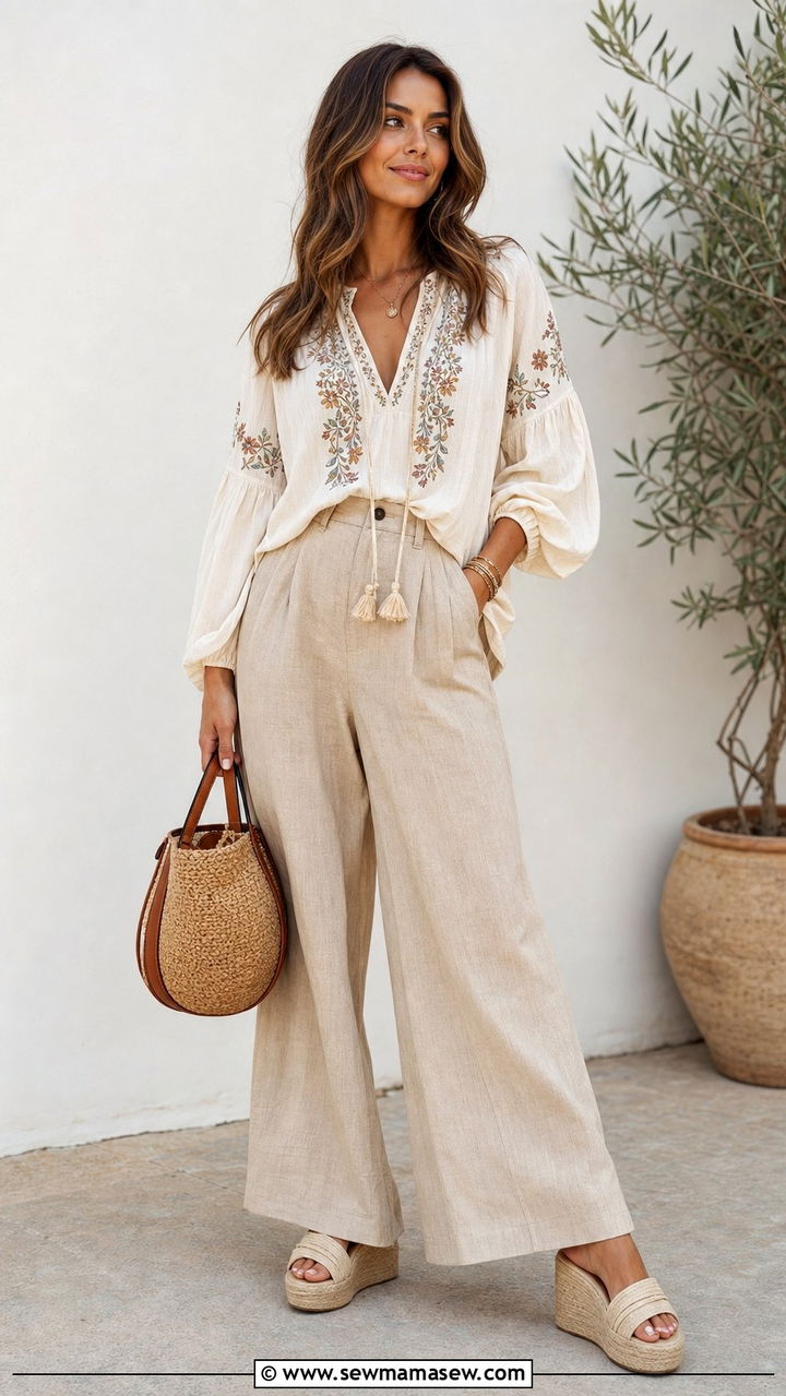 Embroidered Blouse with Wide Leg Linen Pants - 35 boho outfits for women