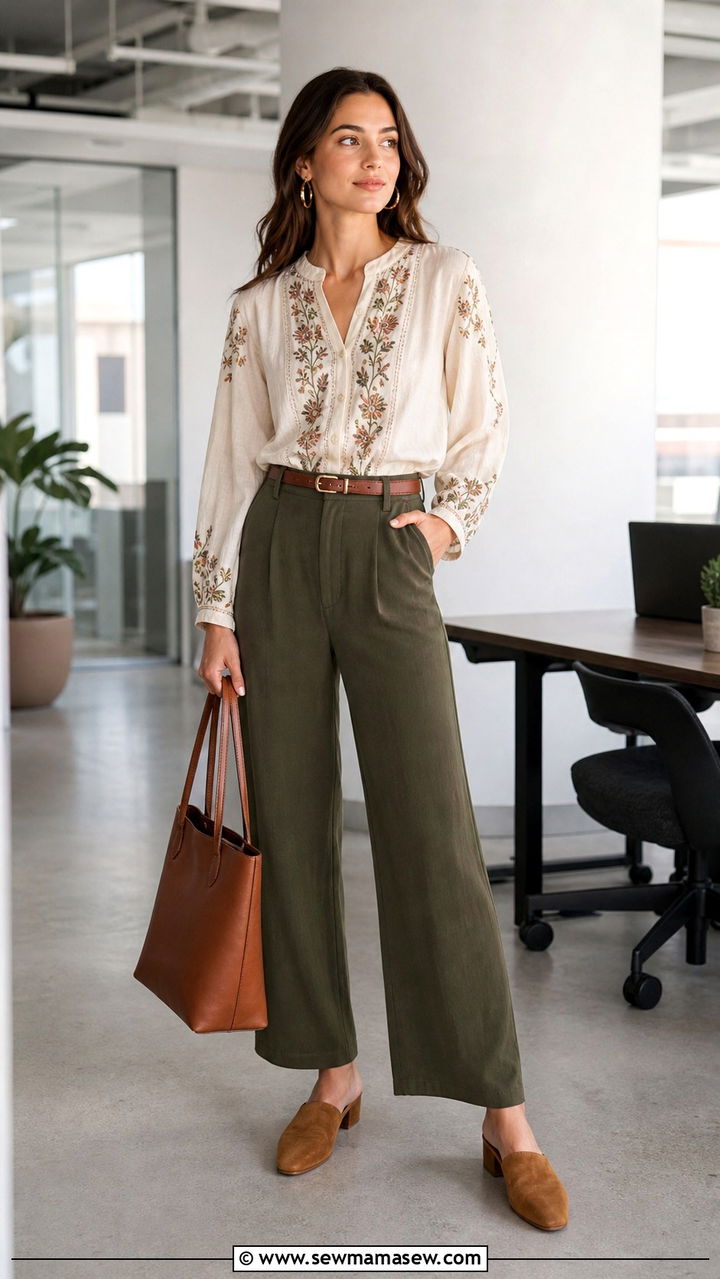 Embroidered Blouse with Wide Leg Trousers - 40 Boho outfit ideas