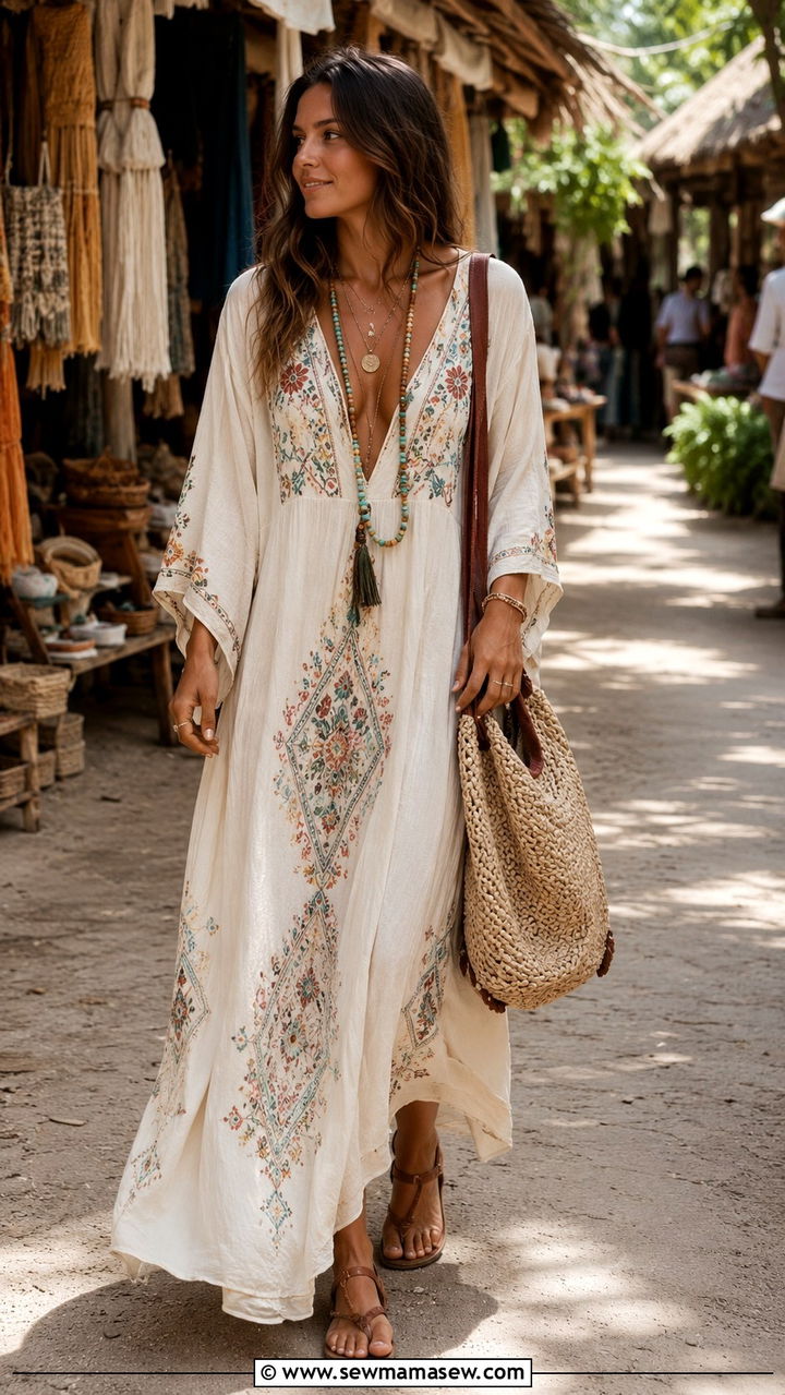 Embroidered Bohemian Maxi Dress Tulum Outfit - 30 Tulum outfit ideas