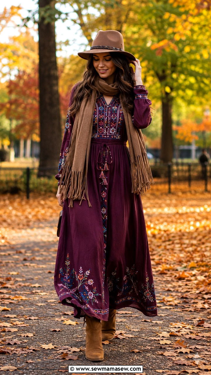 Embroidered Boho Maxi Dress With Ankle Boots - 25 Boho outfit ideas with maxi dress