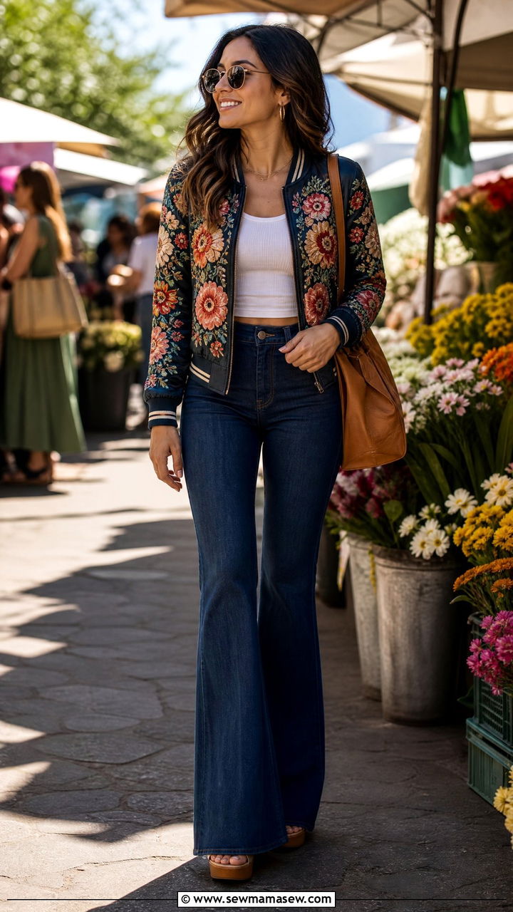 Embroidered Bomber Jacket With Flared Jeans - 25 chic bomber jacket outfit ideas