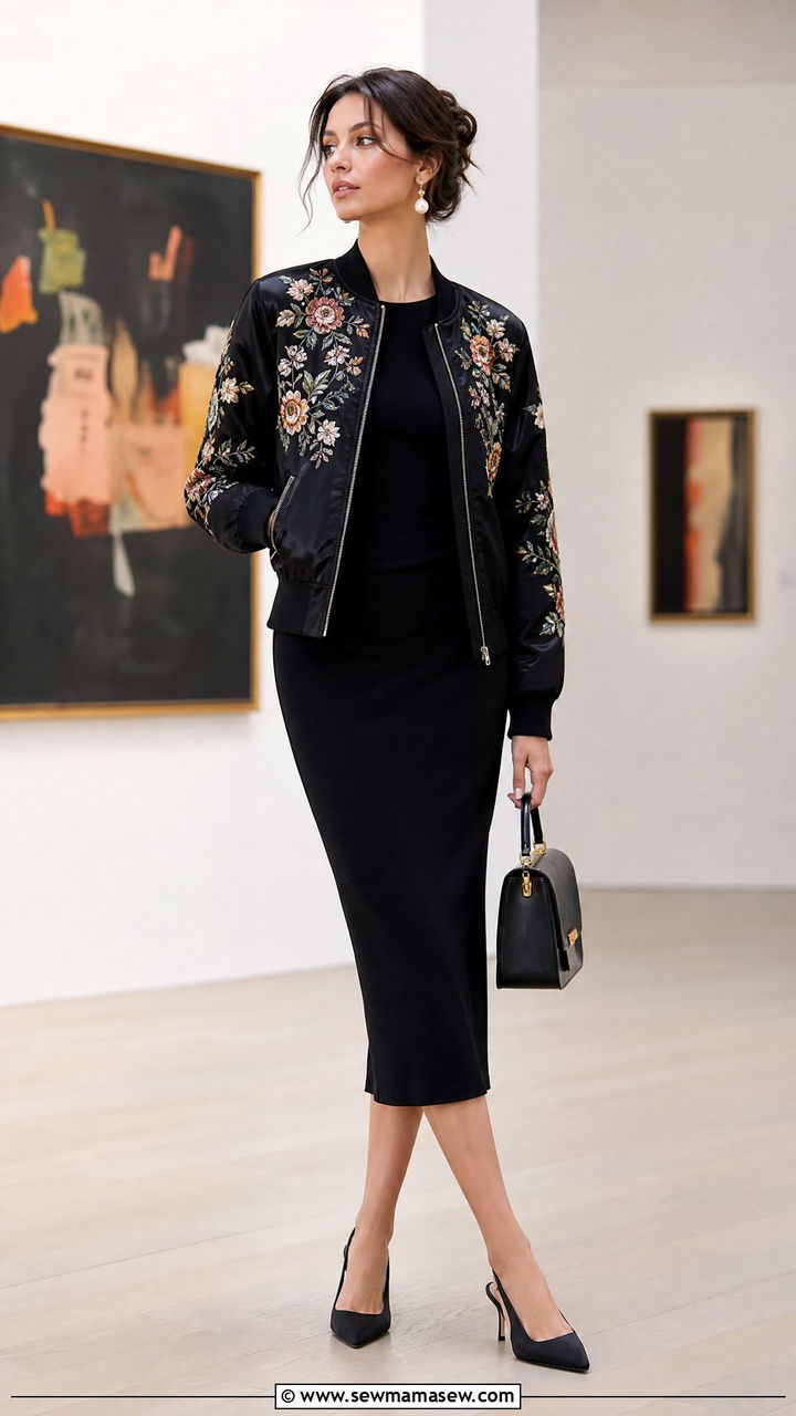 Embroidered Bomber with Black Midi Dress and Slingback Heels - 30 How to style a bomber jacket