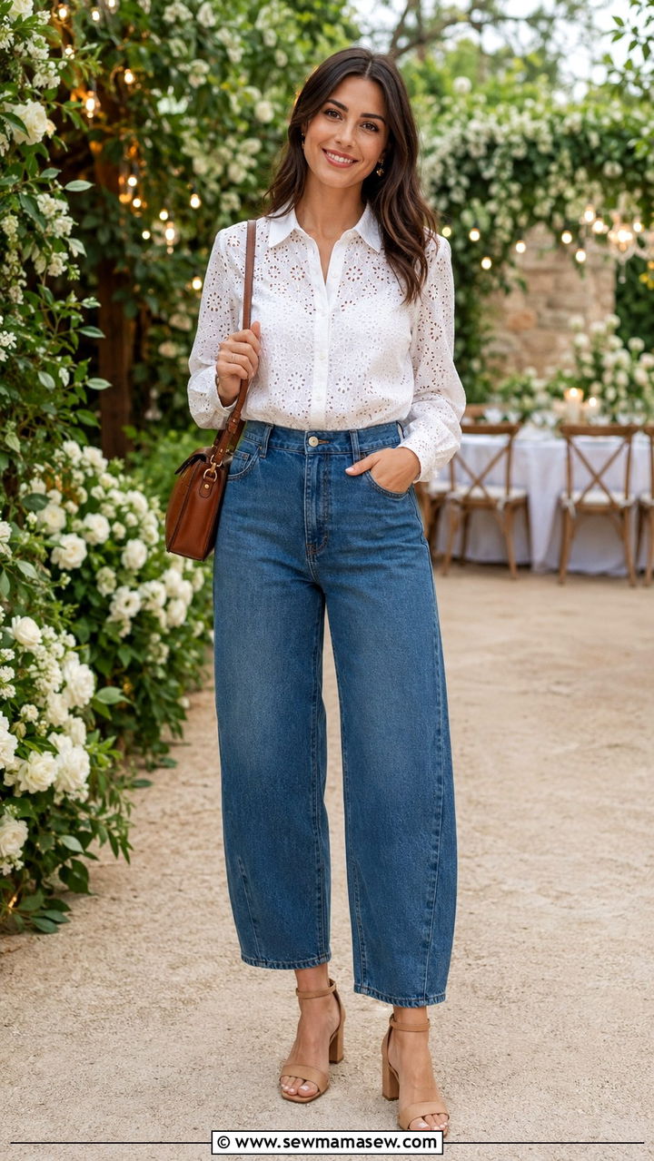 Embroidered Button Down With Barrel Jeans and Block Heel Sandals - 25 Barrel jeans outfit ideas with a button down