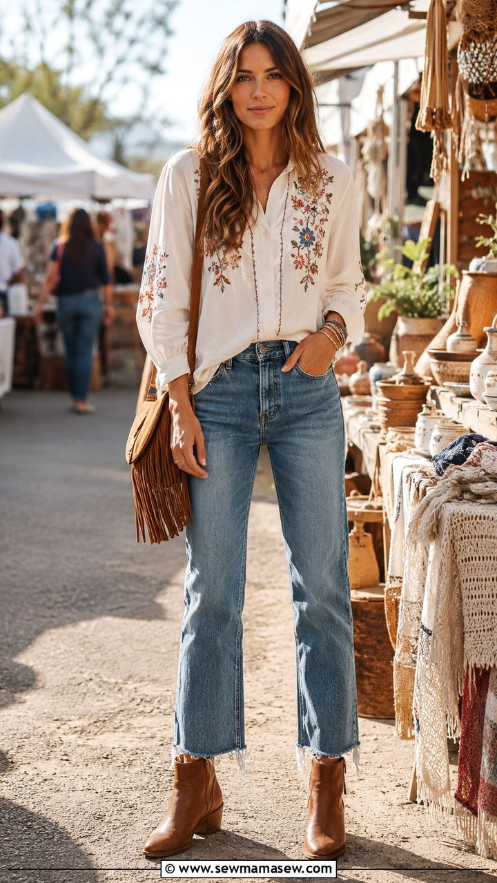 Embroidered Button Down with Raw Hem Straight Leg Jeans - 30 Spring outfits with button down