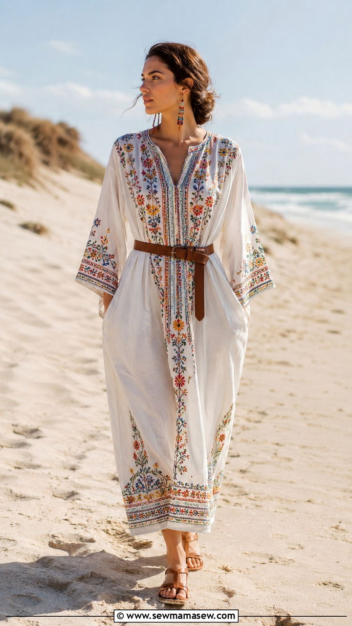 Embroidered Caftan With Flat Sandals - 25 Modest outfit ideas for beach