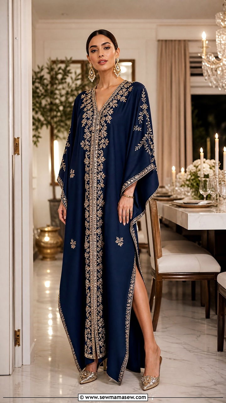 Embroidered Caftan with Metallic Mules - 25 Host outfit ideas for dinner party