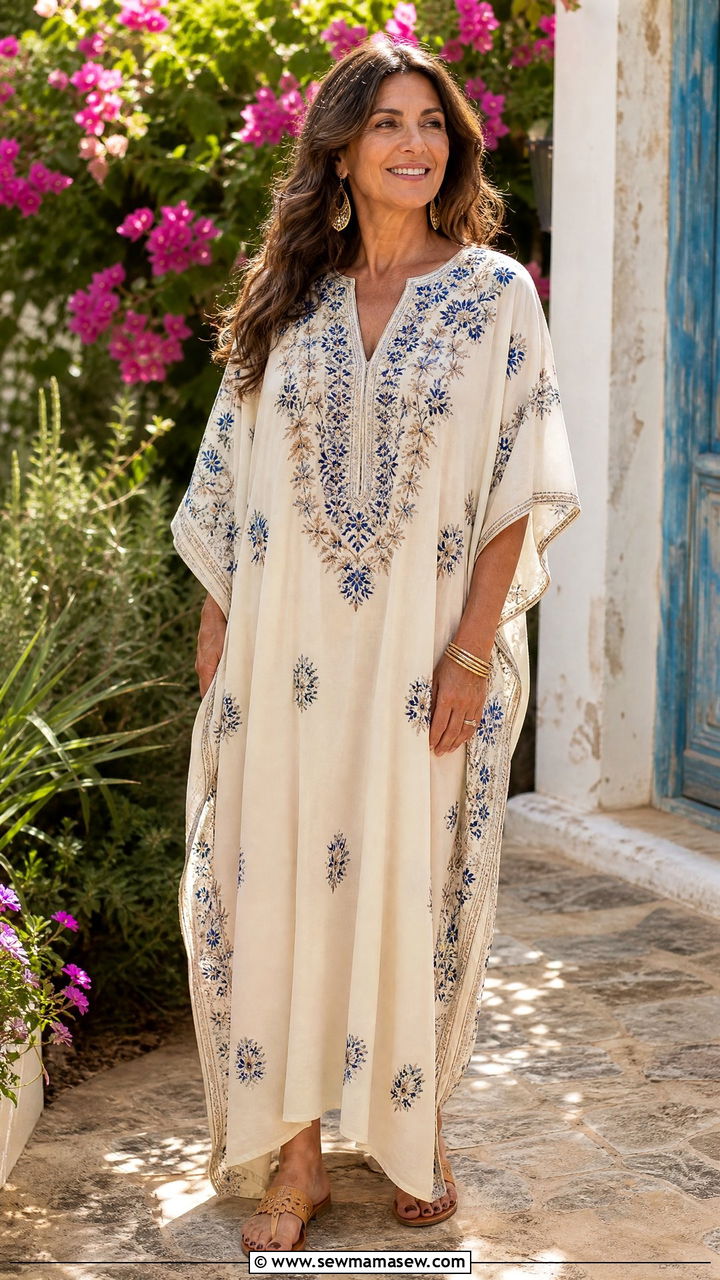Embroidered Caftan with Sandals Outfit - 35 Loungewear outfit ideas for women over 40