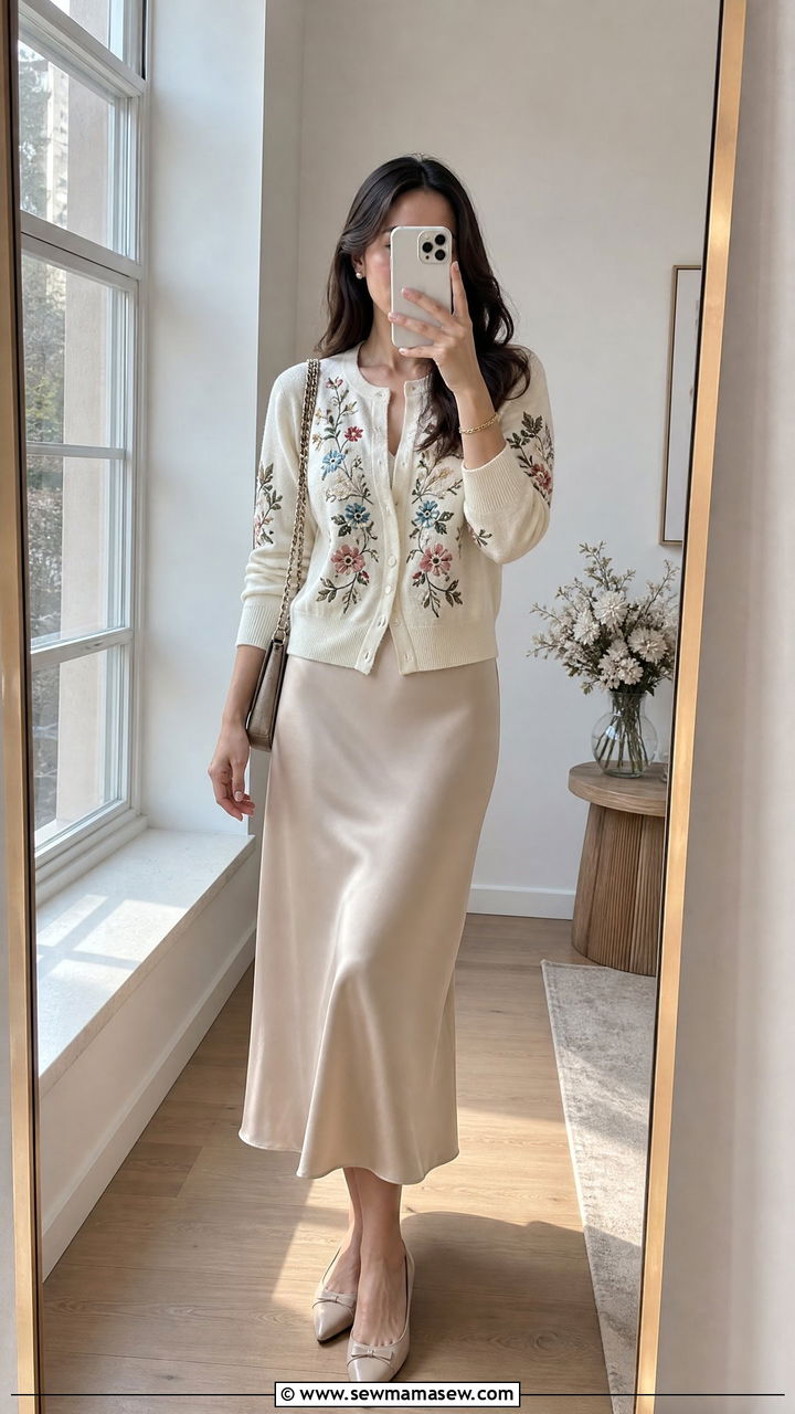 Embroidered Cardigan And Satin Skirt Outfit - 25 classy fairycore outfit ideas