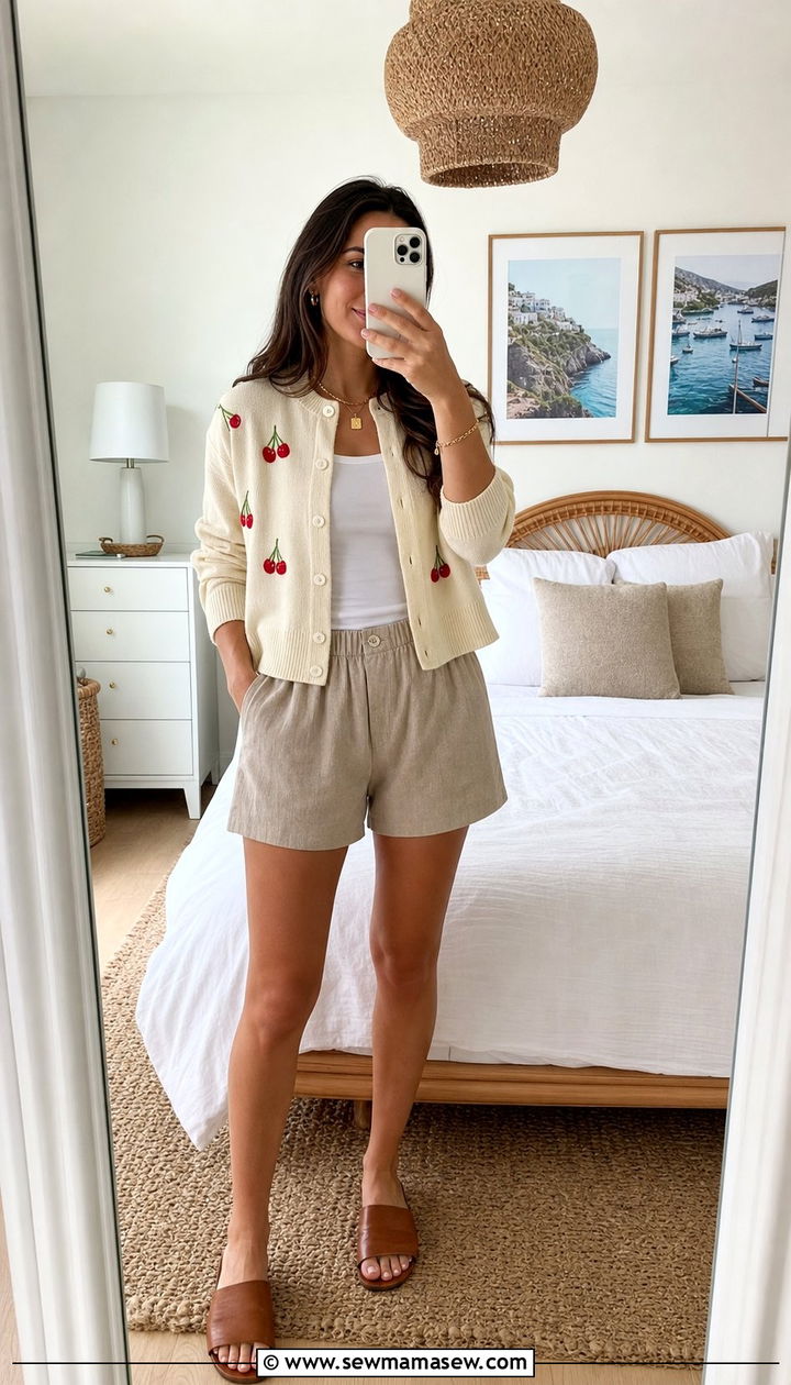 Embroidered Cardigan With Linen Shorts - 25 Cottagecore outfits 2026