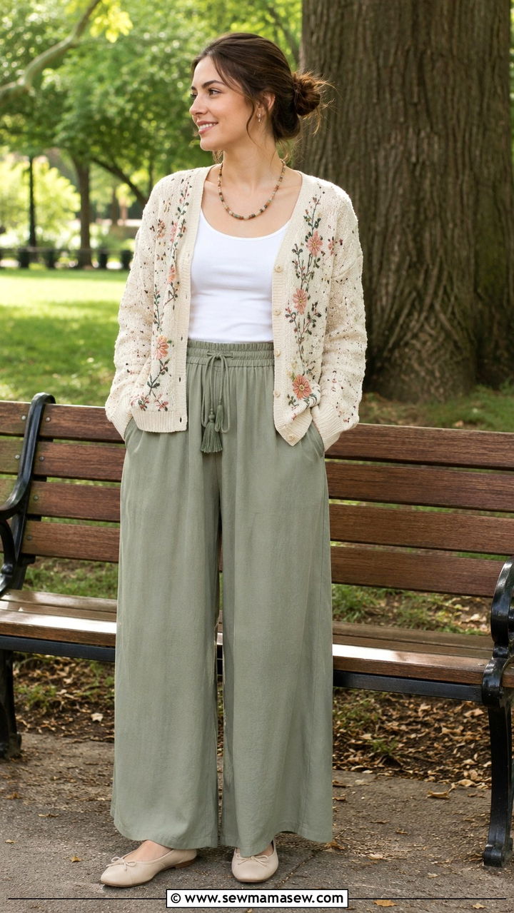 Embroidered Cardigan With Tank Top And Flowy Trousers - 30 casual fairycore outfits