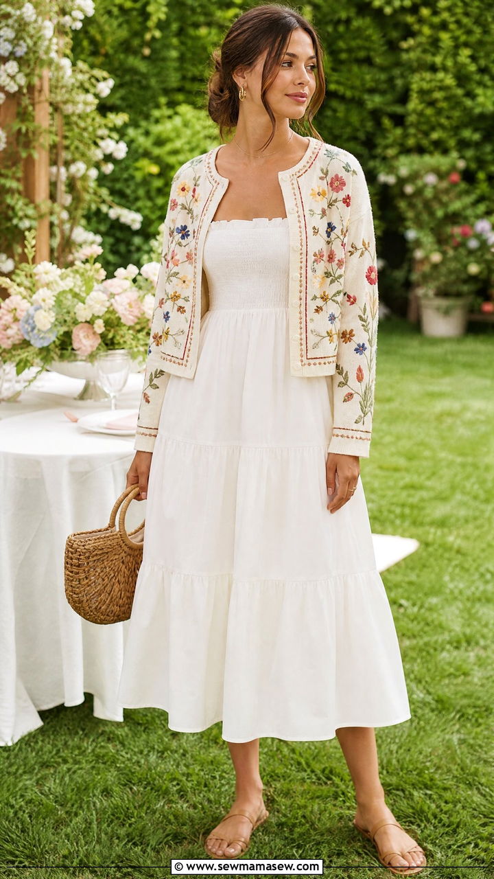 Embroidered Cardigan With White Midi Dress Spring Outfit - 25 How to style a cardigan in spring