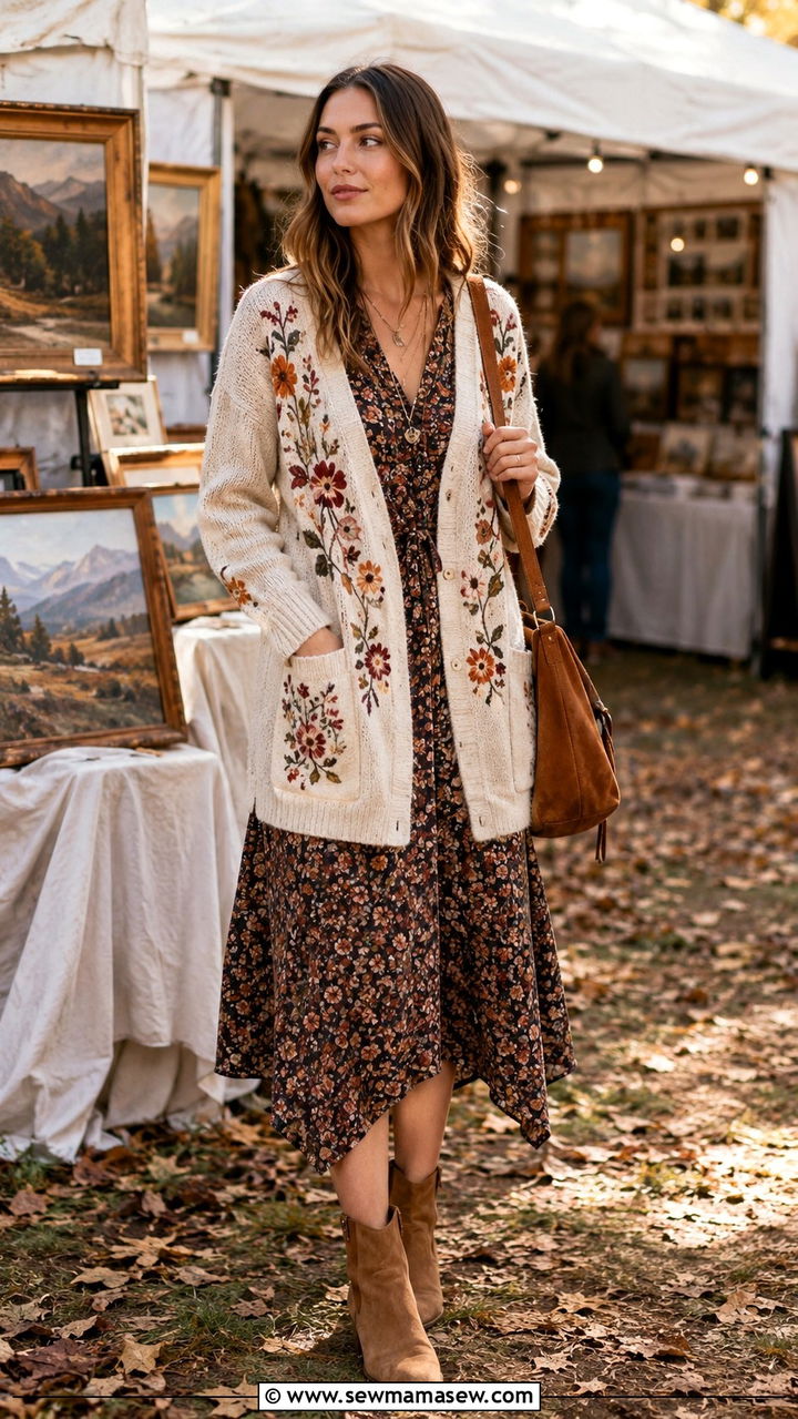 Embroidered Cardigan with Boho Midi Dress and Ankle Boots - 30 Midi dress outfit ideas with a cardigan