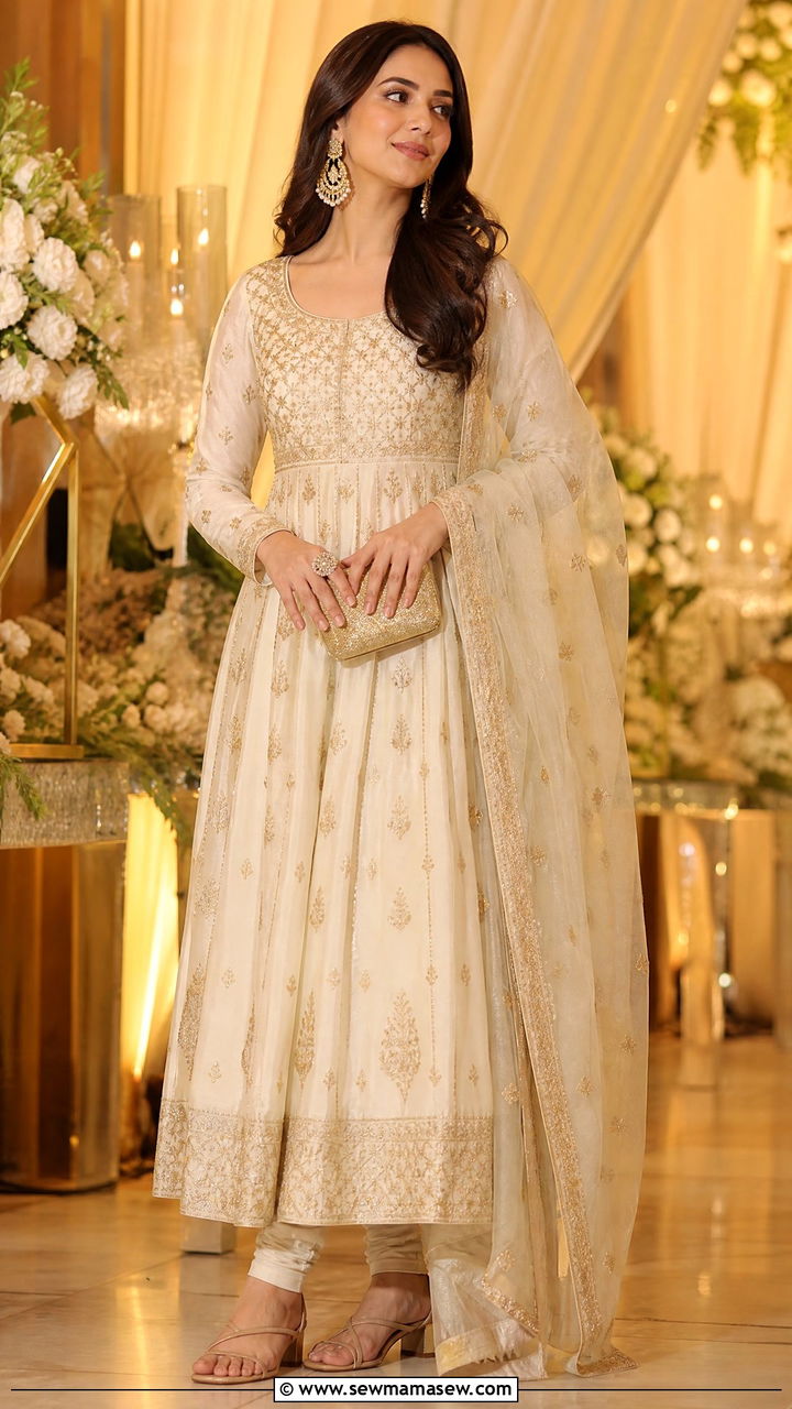Embroidered Cotton Anarkali In Cream And Gold - 25 Kerala outfit ideas