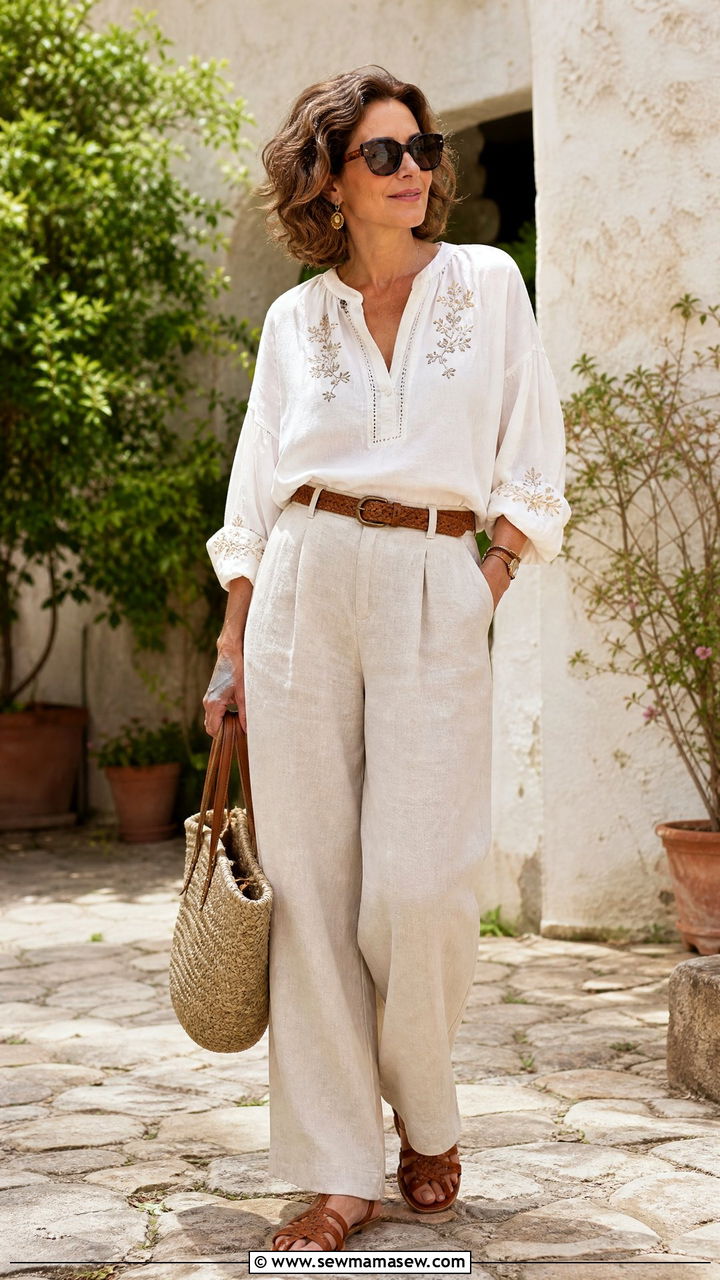 Embroidered Cotton Blouse With Linen Wide Leg Trousers - 30 cottagecore outfit ideas for women over 40