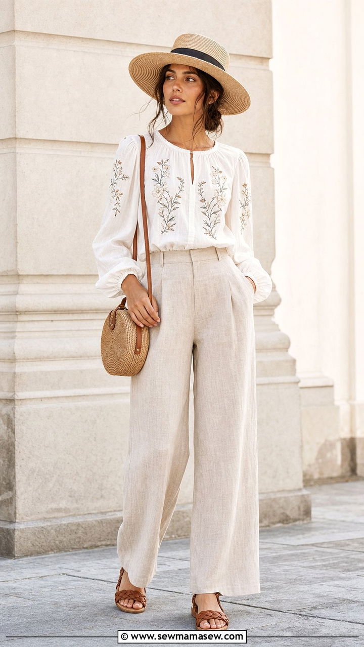 Embroidered Cotton Blouse with Linen Trousers - 25 cottagecore capsule wardrobe outfits