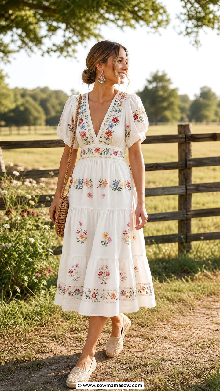 Embroidered Cotton Dress with Espadrille Flats - 25 Farm wedding guest outfit ideas