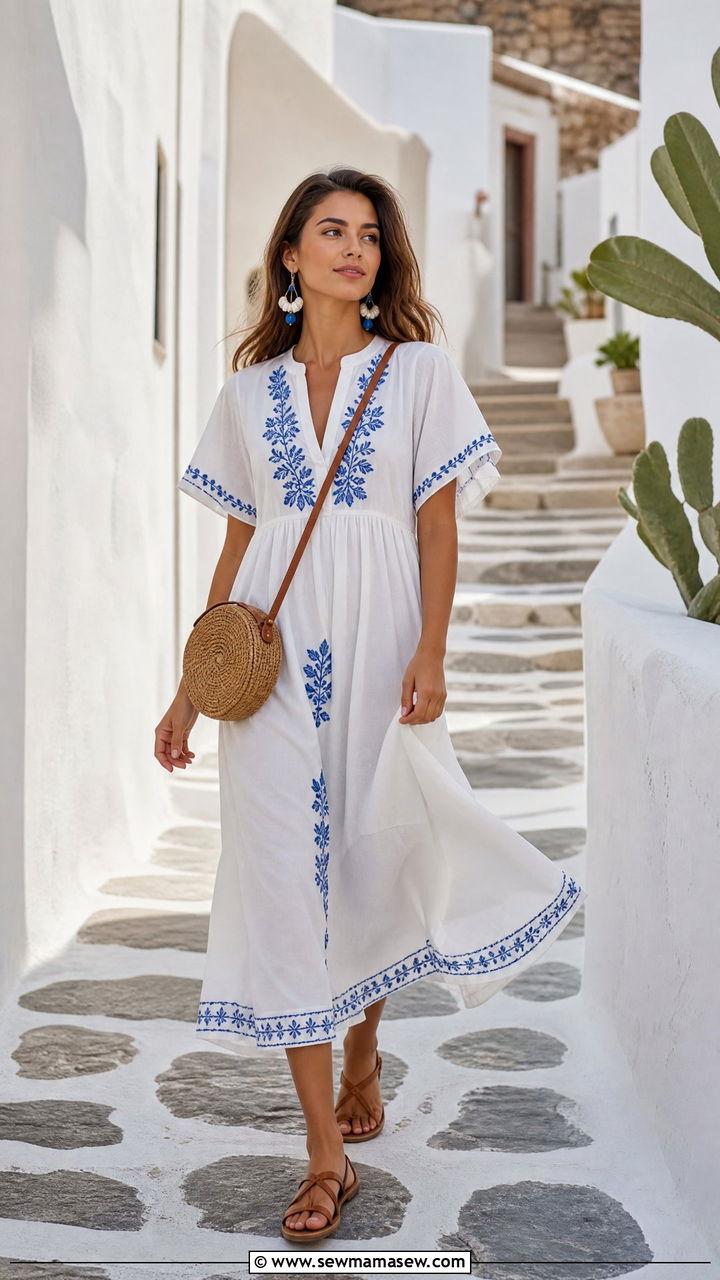 Embroidered Cotton Dress with Woven Crossbody Bag - 40 What to wear in Santorini