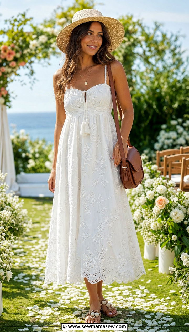 Embroidered Cotton Sundress With Straw Hat For Beach Wedding - 35 Beach wedding guest outfits