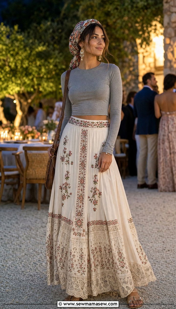 Embroidered Cream Maxi Skirt With Grey Fitted Crop Top - 35 Boho spring outfit ideas 2026
