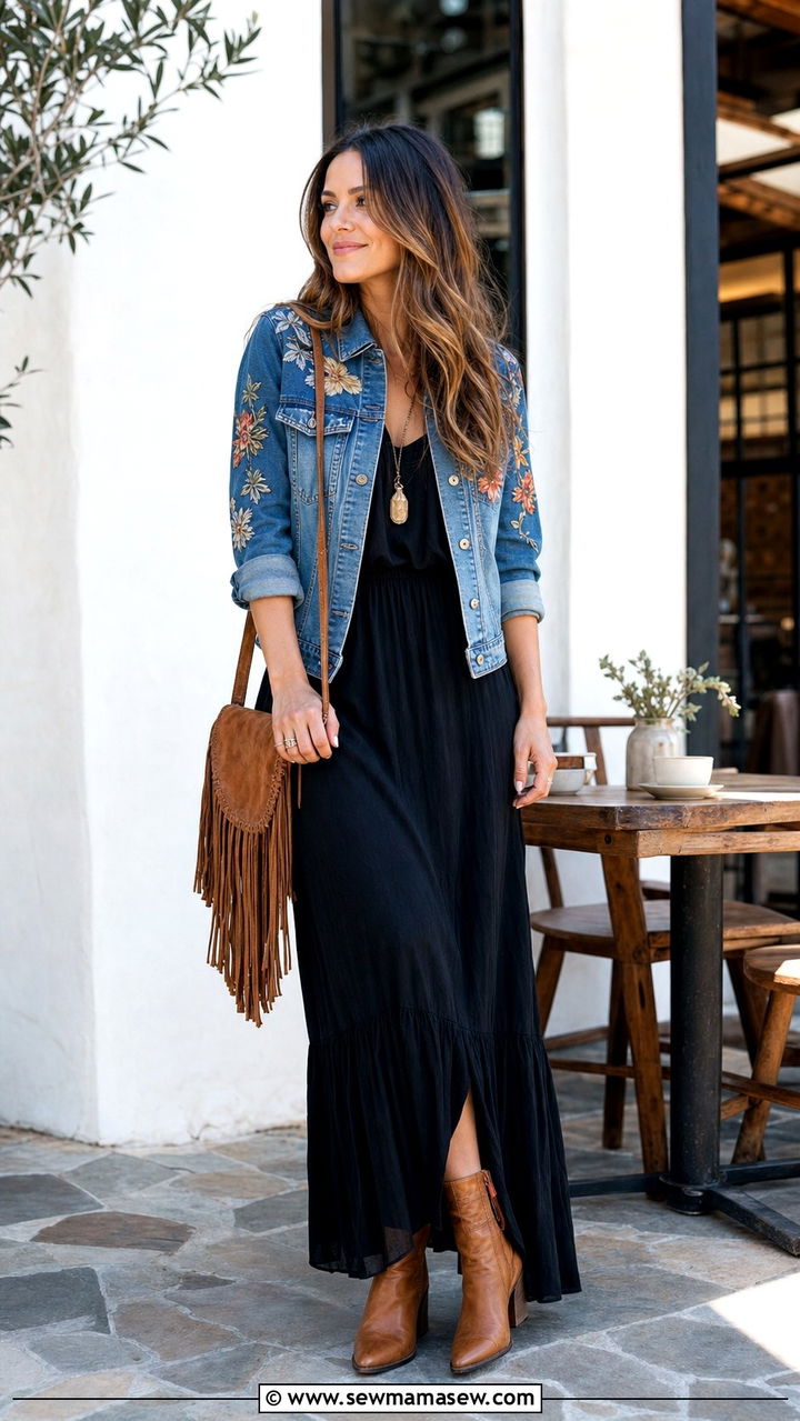 Embroidered Denim Jacket Over Maxi Dress Boho Look - 35 boho chic outfits ideas
