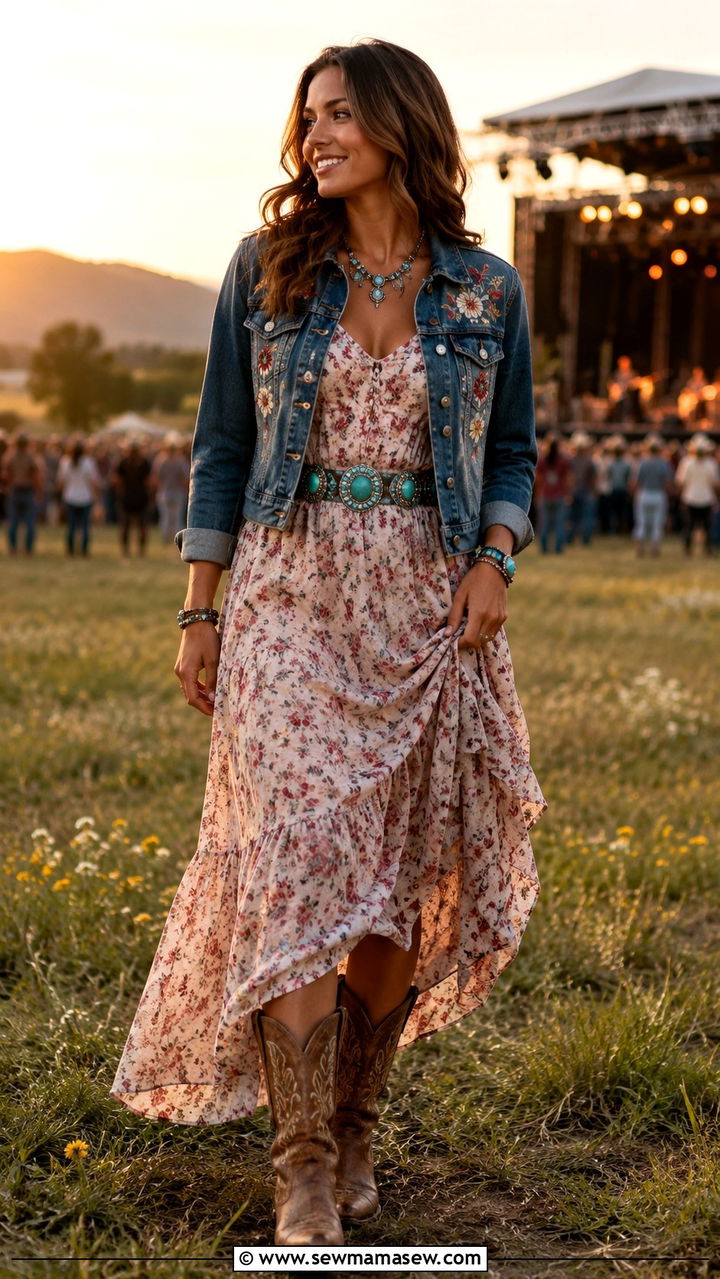 Embroidered Denim Jacket With Floral Maxi Dress and Cowboy Boots - 25 Western outfit ideas for line dancing