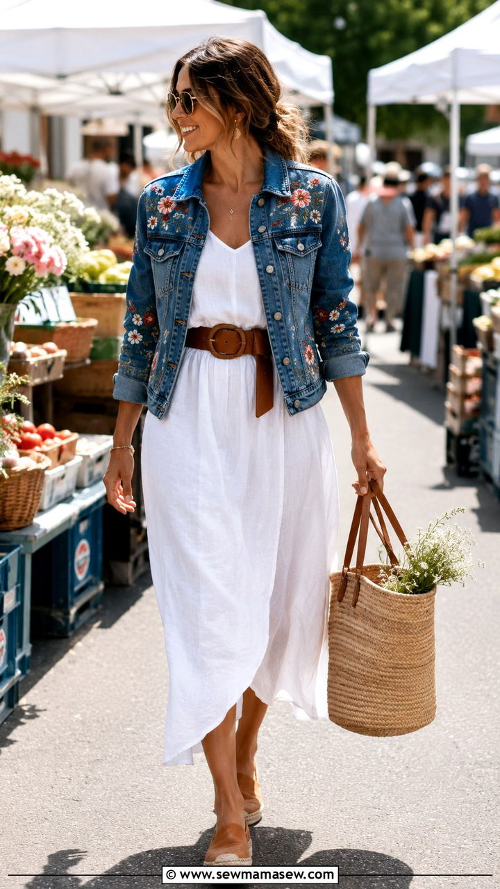 Embroidered Denim Jacket and White Linen Dress - 20 Cowgirl outfit ideas 2026