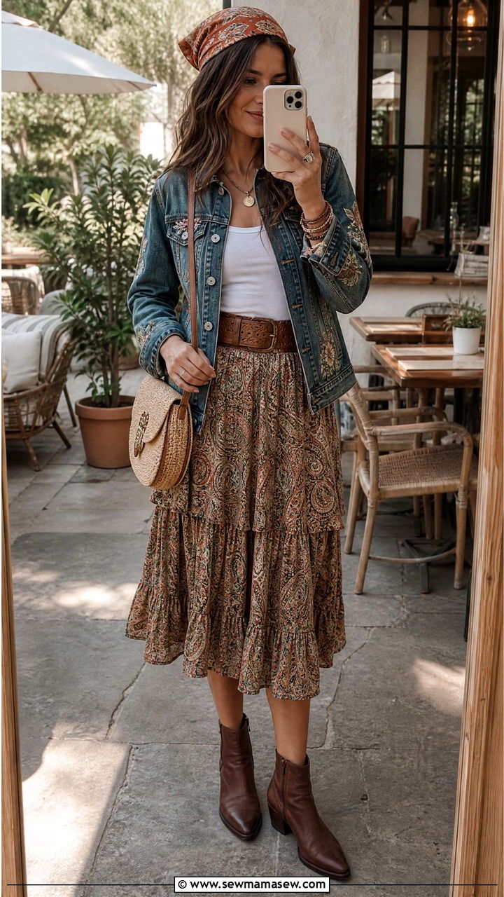 Embroidered Denim Jacket and a Tiered Midi Skirt - 25 Boho outfit ideas 60s style