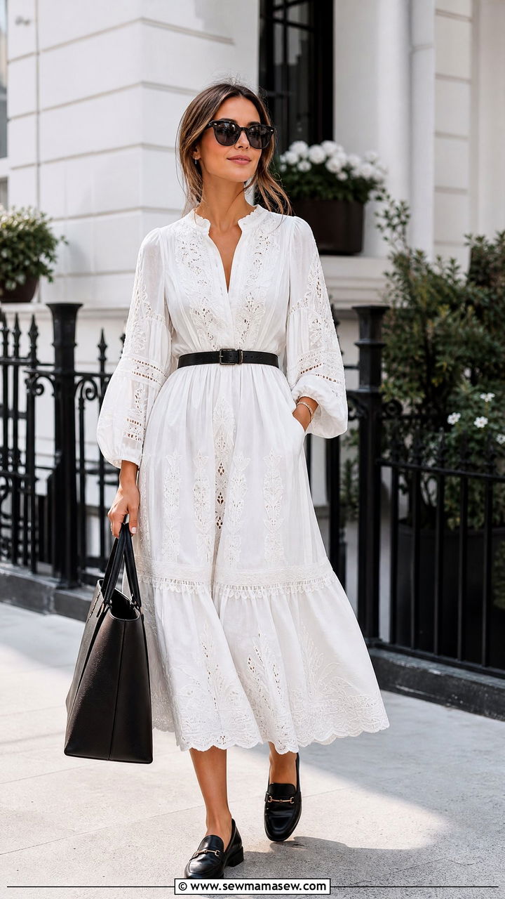 Embroidered Dress With Leather Loafers - 25 French girl outfit ideas with Rouje dress
