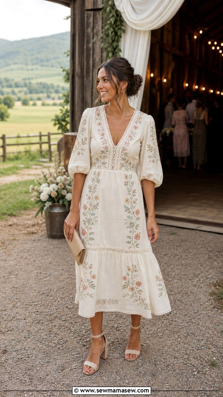 Embroidered Dress with Block Heels - 40 Wedding guest outfit ideas
