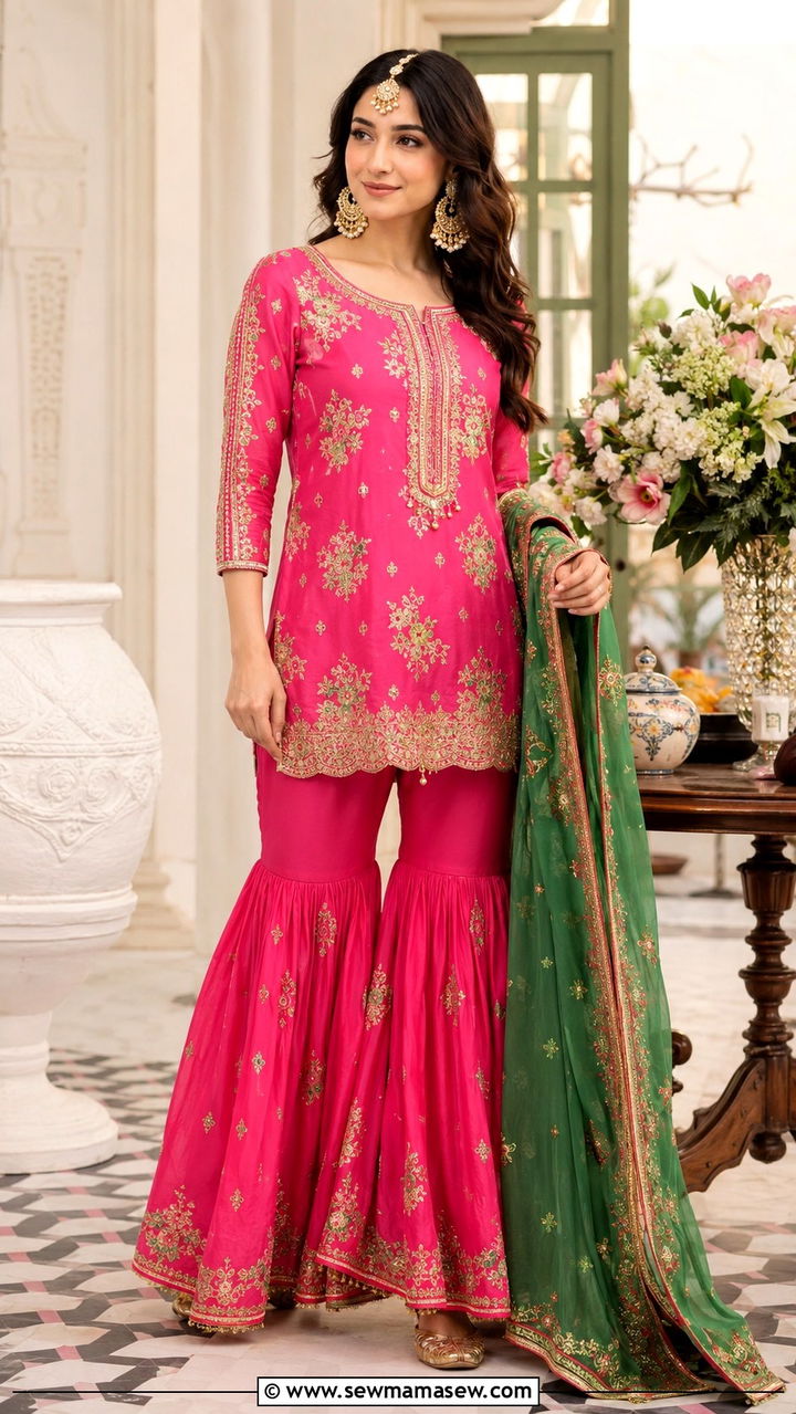 Embroidered Gharara Set in Rani Pink - 25 Wedding guest outfit ideas Mehndi ceremony